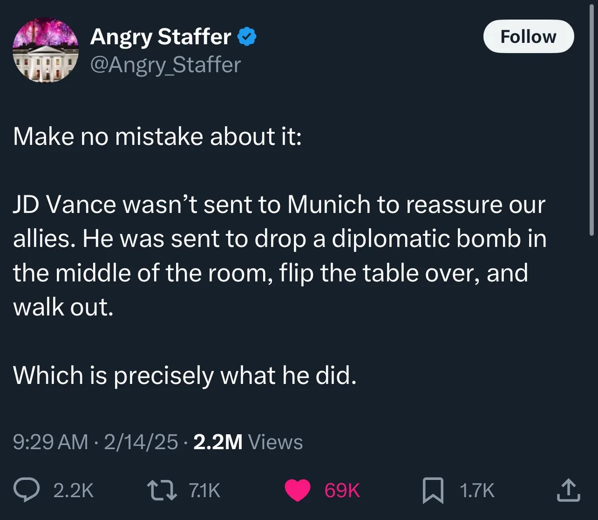 A screenshot of a tweet from 'Angry Staffer' with a dark background and white text. The tweet reads: 'Make no mistake about…