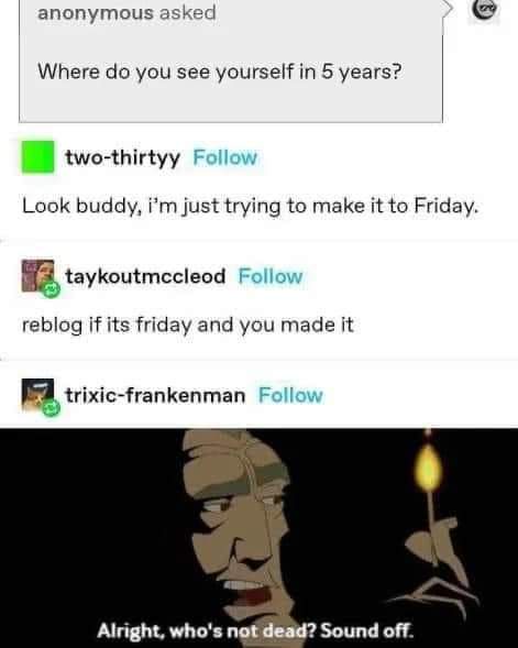 A screenshot of a Reddit thread where an anonymous user asks 'Where do you see yourself in 5 years?' One user replies 'Look…