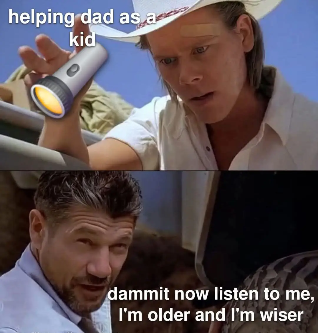 The top panel shows a young man in a cowboy hat holding a flashlight, with text reading 'helping dad as a kid'. The bottom…