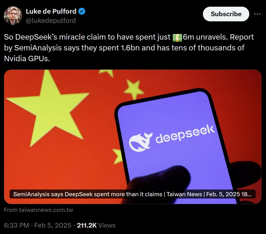 A screenshot of a social media post by Luke de Pulford showing a smartphone displaying the DeepSeek logo against a blurred…