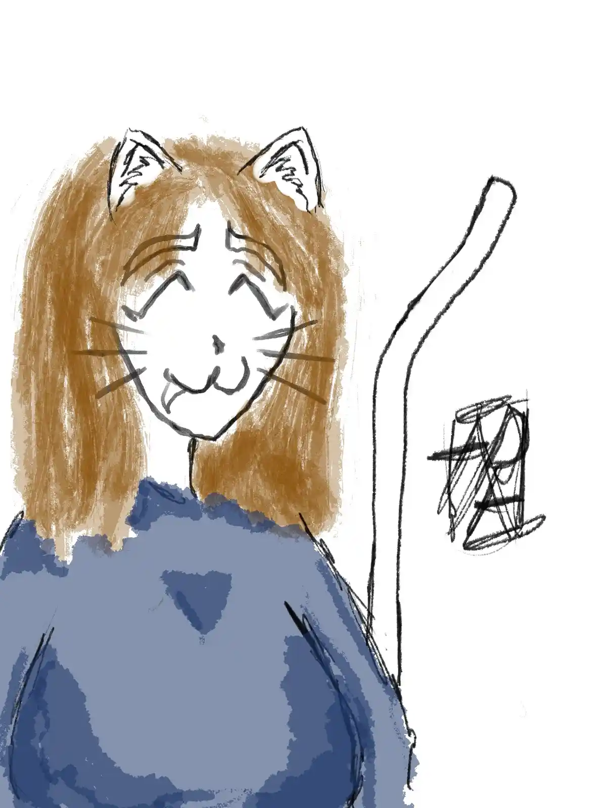 A hand-drawn illustration shows a person with brown hair, cat ears, and whiskers, wearing a blue shirt and smiling with…