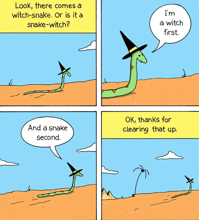 A four-panel comic strip shows a green snake wearing a black witch's hat walking across a desert. In the first panel, a…