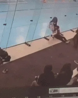 A sequence of six security camera frames shows a person in dark clothing standing by a poolside, initially holding their…