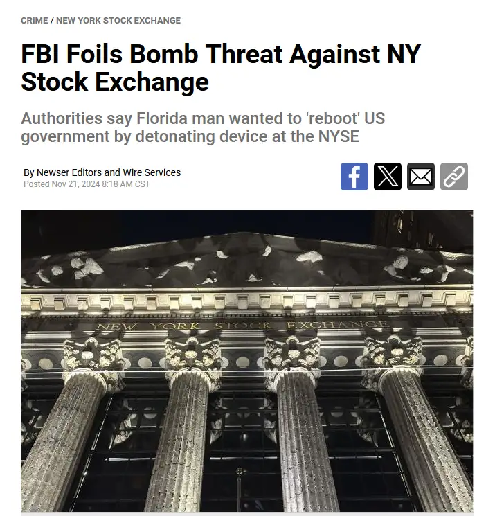 A screenshot of a news article headline about an FBI foiling a bomb threat at the New York Stock Exchange, where the text…