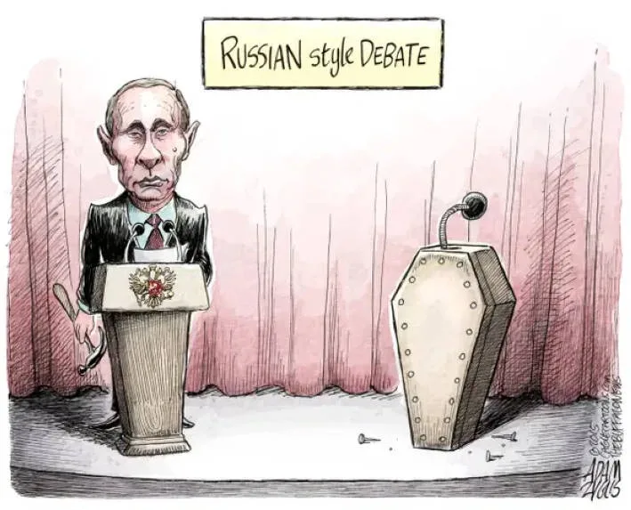 A cartoon depicts a caricature of Vladimir Putin standing at a podium with a microphone, holding a gavel, facing an empty…