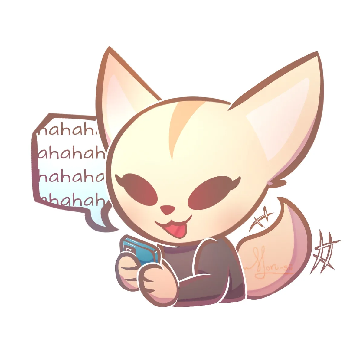 A cute, chibi-style fox-like creature with large ears and a fluffy tail is sitting and laughing hysterically while holding a…
