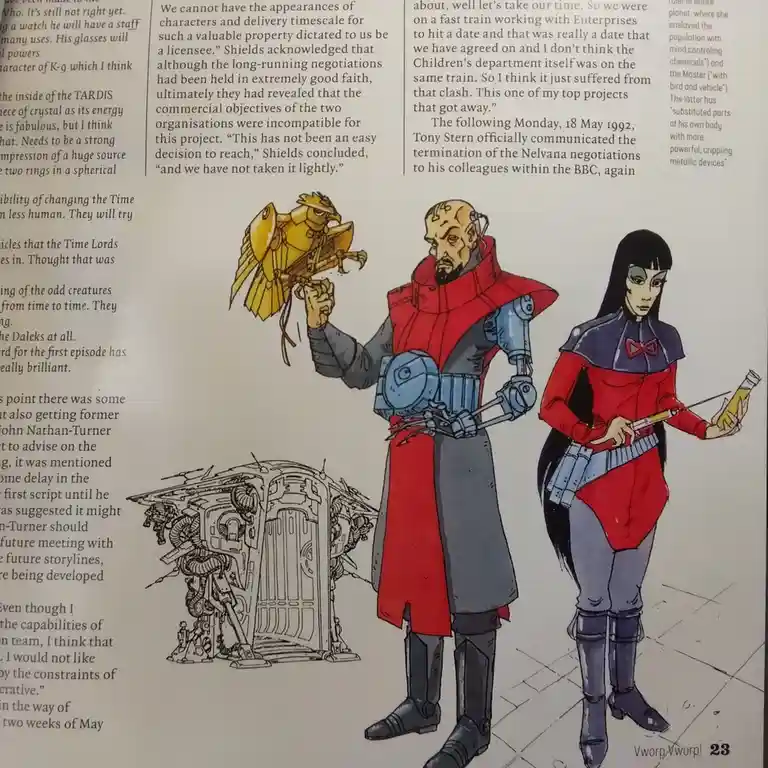 The image displays concept art from the Doctor Who series, featuring two humanoid characters with cybernetic enhancements…
