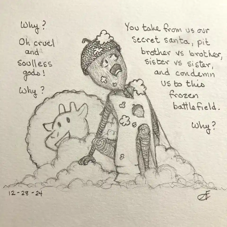 A pencil drawing shows a distressed, acorn-capped character in a snowy battlefield, lamenting the loss of holiday traditions…