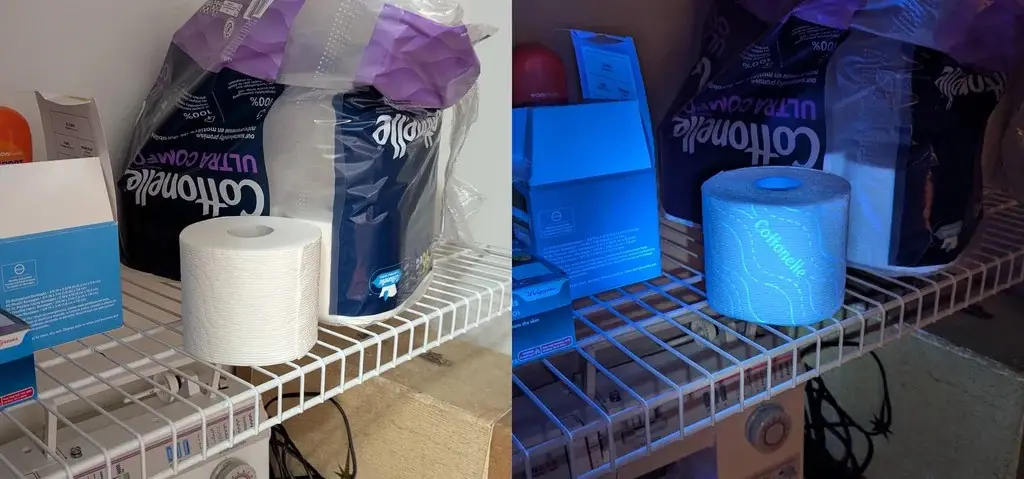 Two side-by-side photos show a roll of Cottonelle Ultra Comfort toilet paper on a wire shelf; the left image is lit…