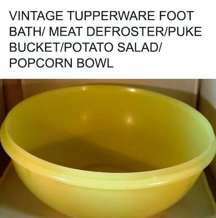 A plain yellow plastic bowl, likely vintage Tupperware, is shown empty and sitting on a shelf. Overlaid text lists absurd…