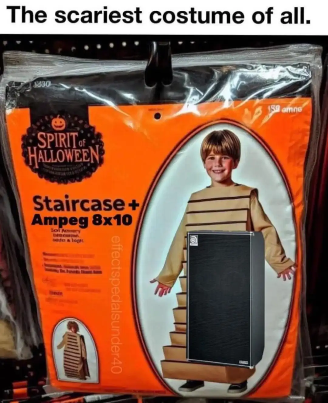 A Halloween costume package from 'Spirit of Halloween' shows a smiling child in a striped outfit with a large black speaker…