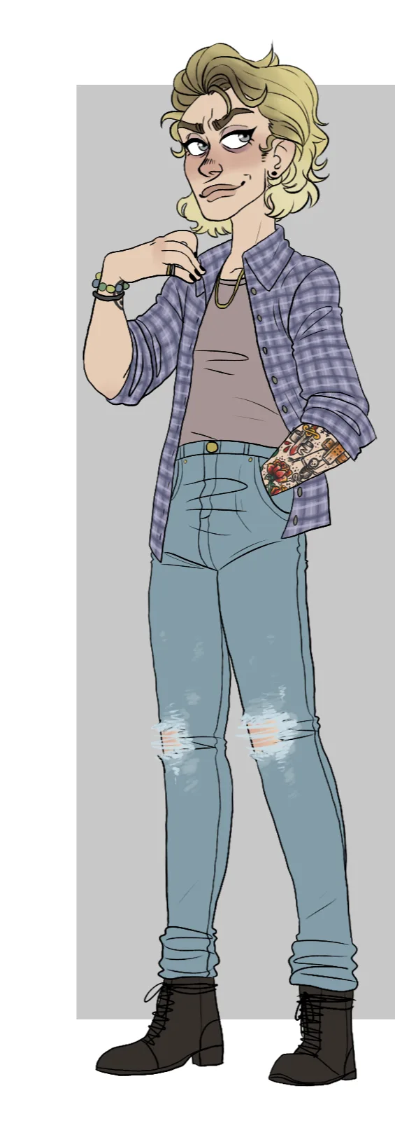 A cartoon drawing of a person with blonde hair, wearing a plaid shirt, ripped jeans, and boots, with a tattooed arm and a…