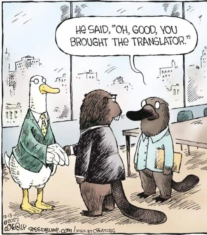 A cartoon depicts three anthropomorphic animals in a business setting: a duck in a green suit, a beaver in a dark suit…