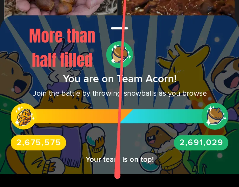 A screenshot of a mobile game interface showing a progress bar nearly full, with 'More than half filled' in red text. The…