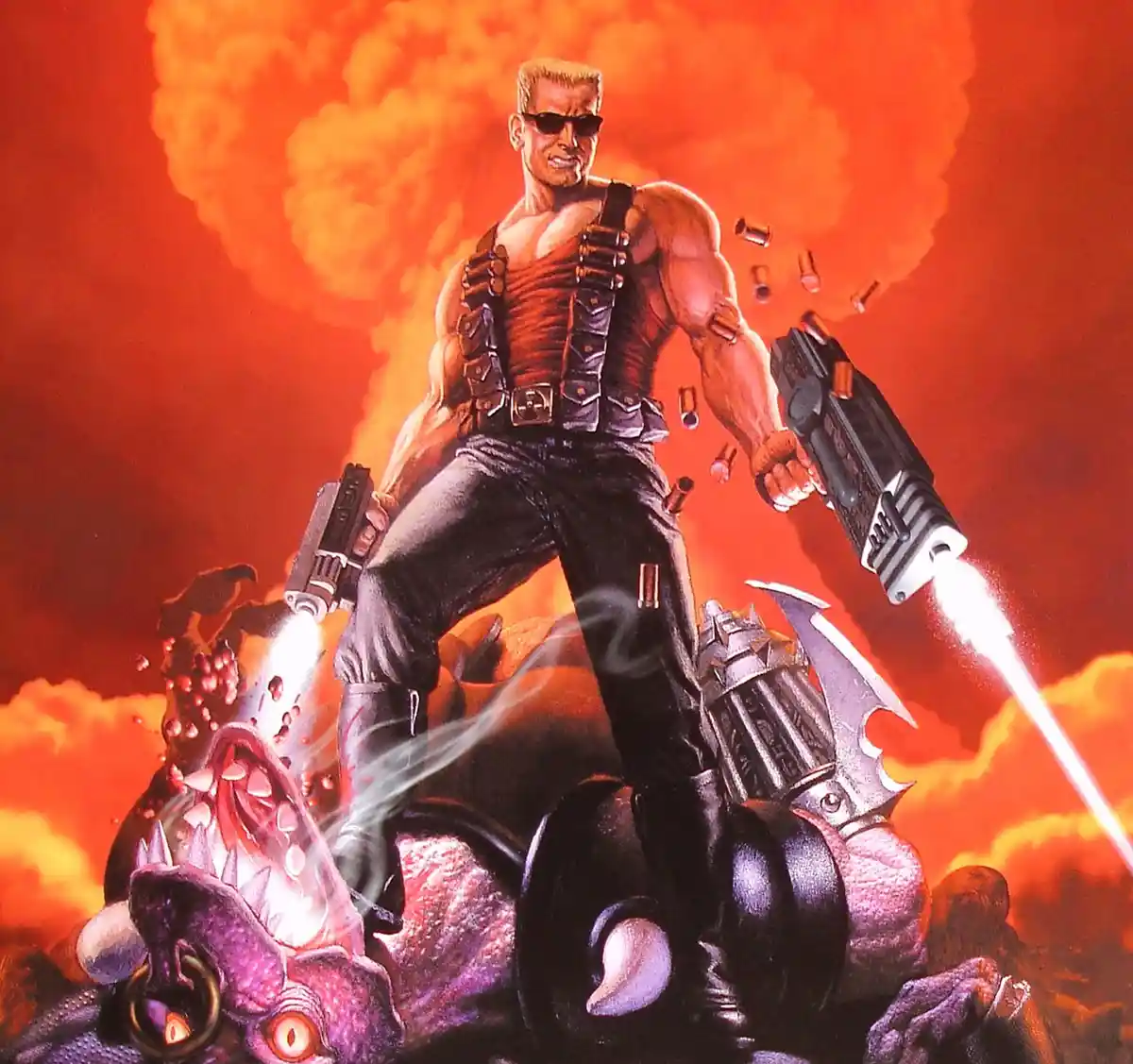 A muscular man with sunglasses, wearing a vest and holding two pistols firing beams of light, stands triumphantly atop a…