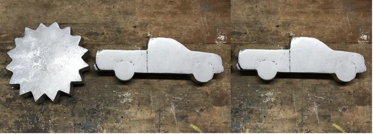 The image shows two side-by-side photos of metal cutouts on a wooden surface. The left photo displays a gear-shaped metal…