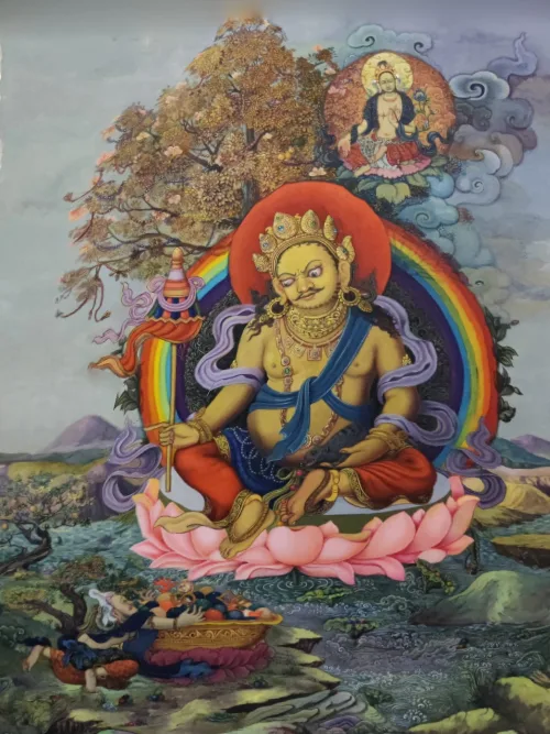 A traditional Tibetan Buddhist deity painting depicts a central figure seated on a lotus, surrounded by a rainbow aura and…