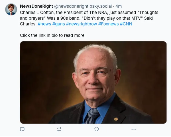 A formal portrait of Charles L Cotton, President of the NRA, overlaid with text claiming he mistakenly thought 'Thoughts and…