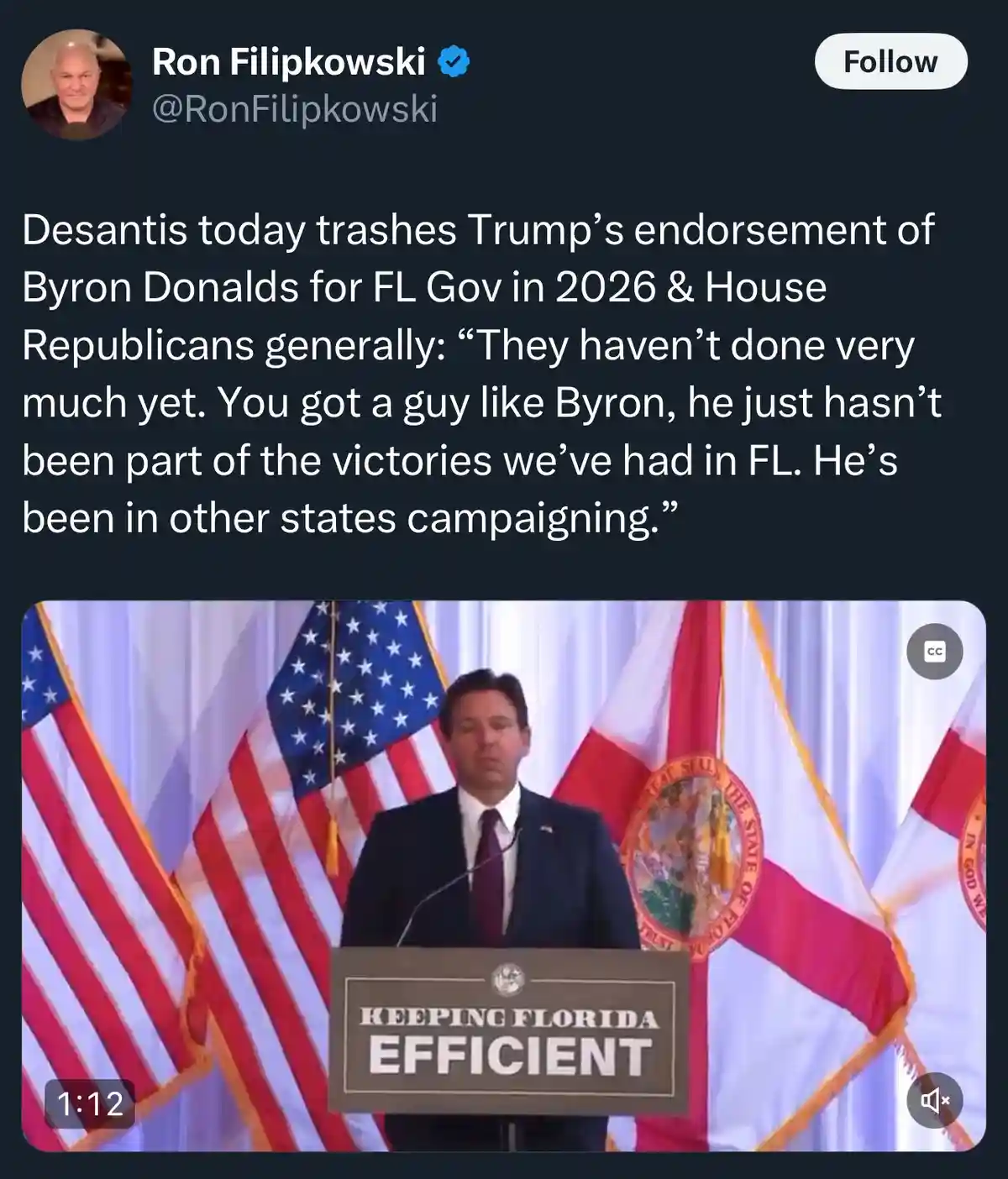 A screenshot of a tweet by Ron Filipkowski showing a video clip of Ron DeSantis speaking at a podium with 'KEEPING FLORIDA…