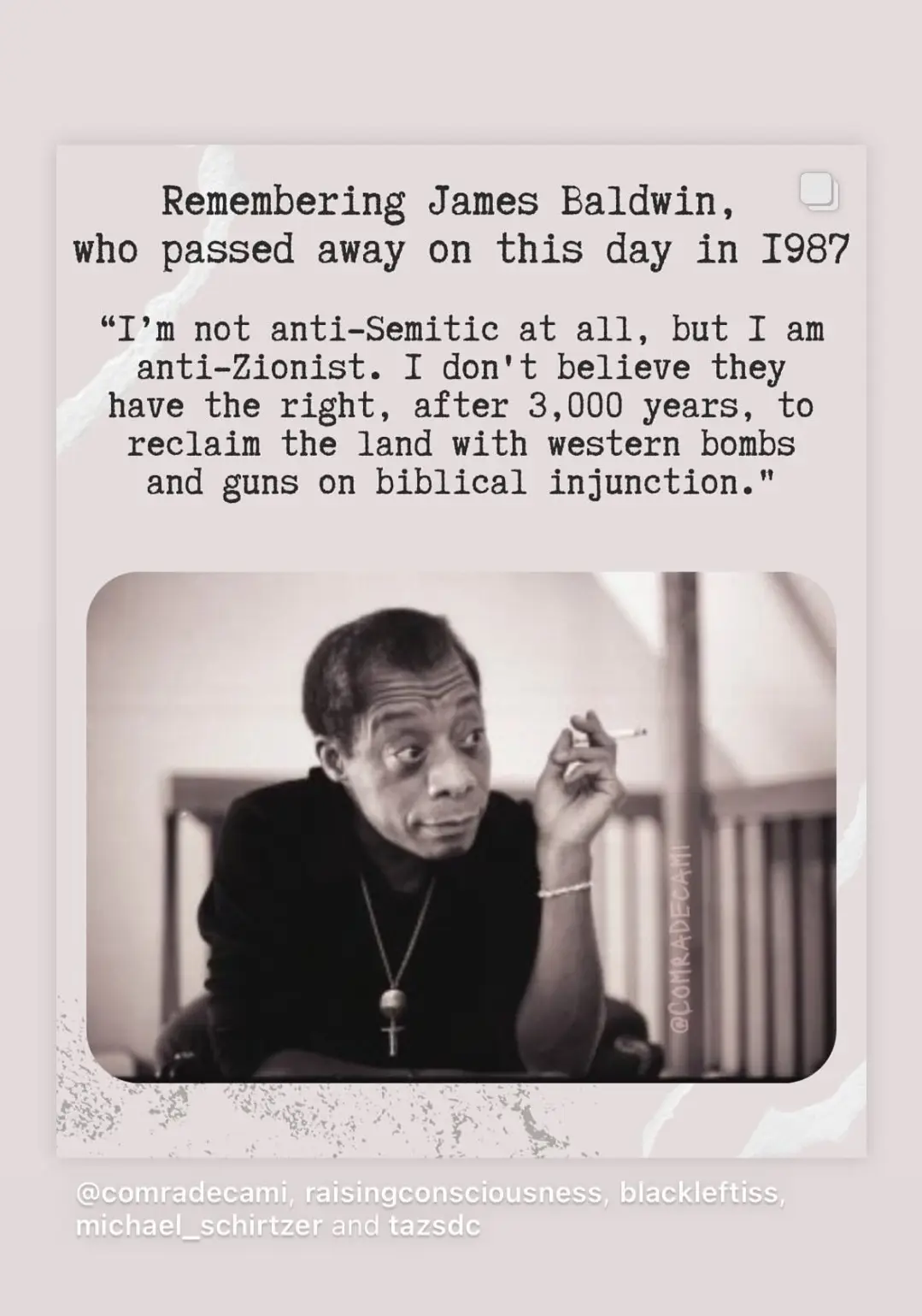 A black-and-white photo of James Baldwin holding a cigarette, overlaid with text remembering his death in 1987 and quoting…