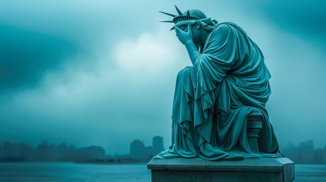 A statue of the Statue of Liberty is shown sitting down, holding her head in her hands, appearing to cry. The background is…