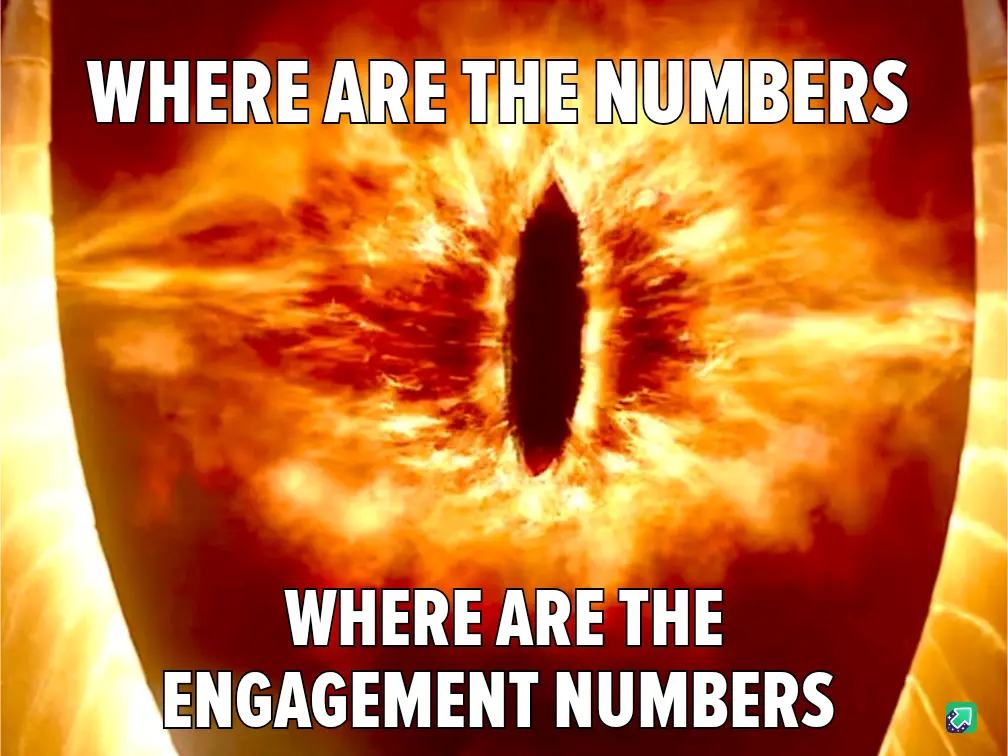 The image shows a close-up of Sauron's fiery, menacing eye from 'The Lord of the Rings', with white bold text overlaid at…