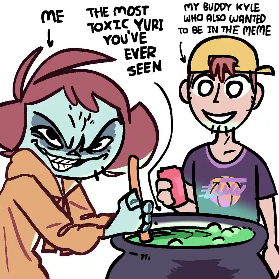 Two cartoon characters stand beside a cauldron of green liquid. The character on the left, labeled 'ME', has a menacing…