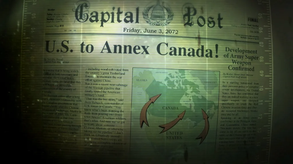 A digitally altered newspaper front page from 'Capital Post' dated June 3, 2072, with a headline declaring 'U.S. to Annex…