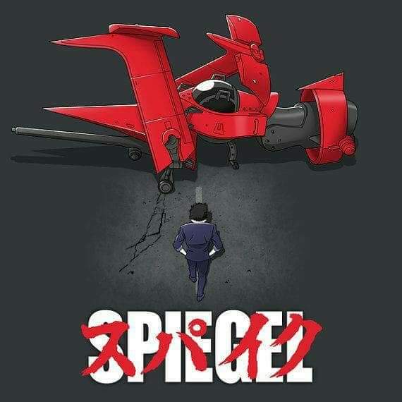 A man in a blue suit walks away from a large red futuristic aircraft on a cracked pavement. The title 'スパiegel' is displayed…