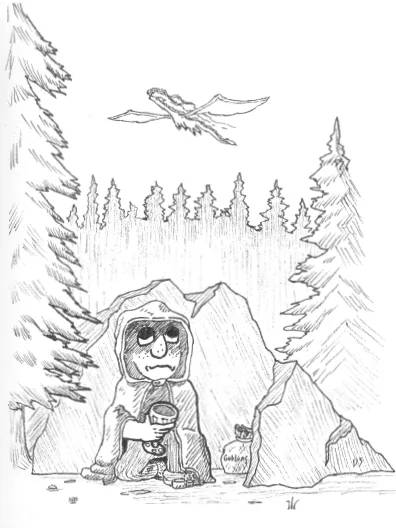 A black-and-white sketch shows a sad, hooded figure sitting in a snowy forest, holding a cup, with a flying star wars…