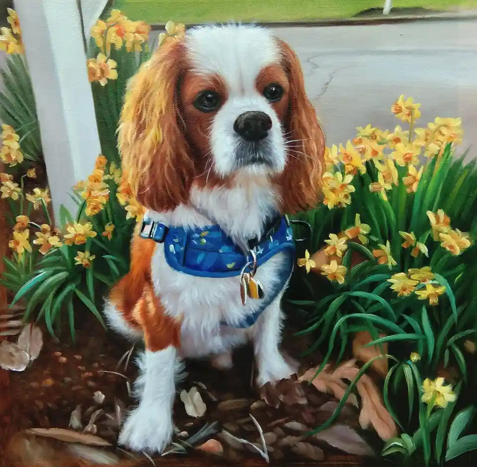 A realistic oil painting of a brown and white Cavalier King Charles Spaniel sitting in a garden surrounded by yellow…