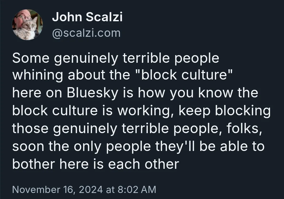 A screenshot of a Bluesky post by John Scalzi, featuring his profile picture with a cat and his handle @scalzi.com. The…
