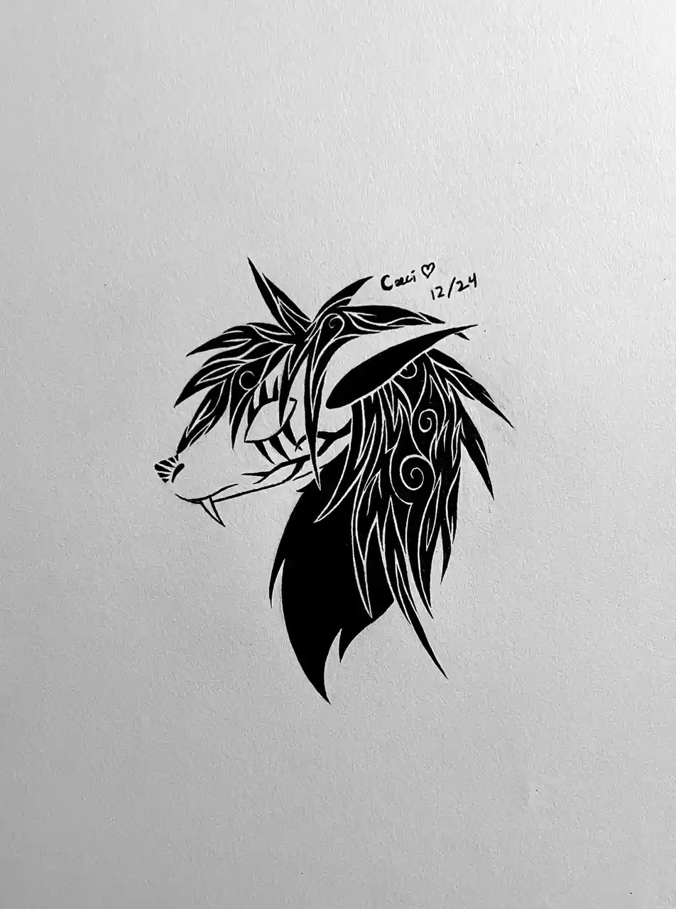A black and white stylized drawing of a wolf's head with intricate tribal patterns on its fur and face, set against a…
