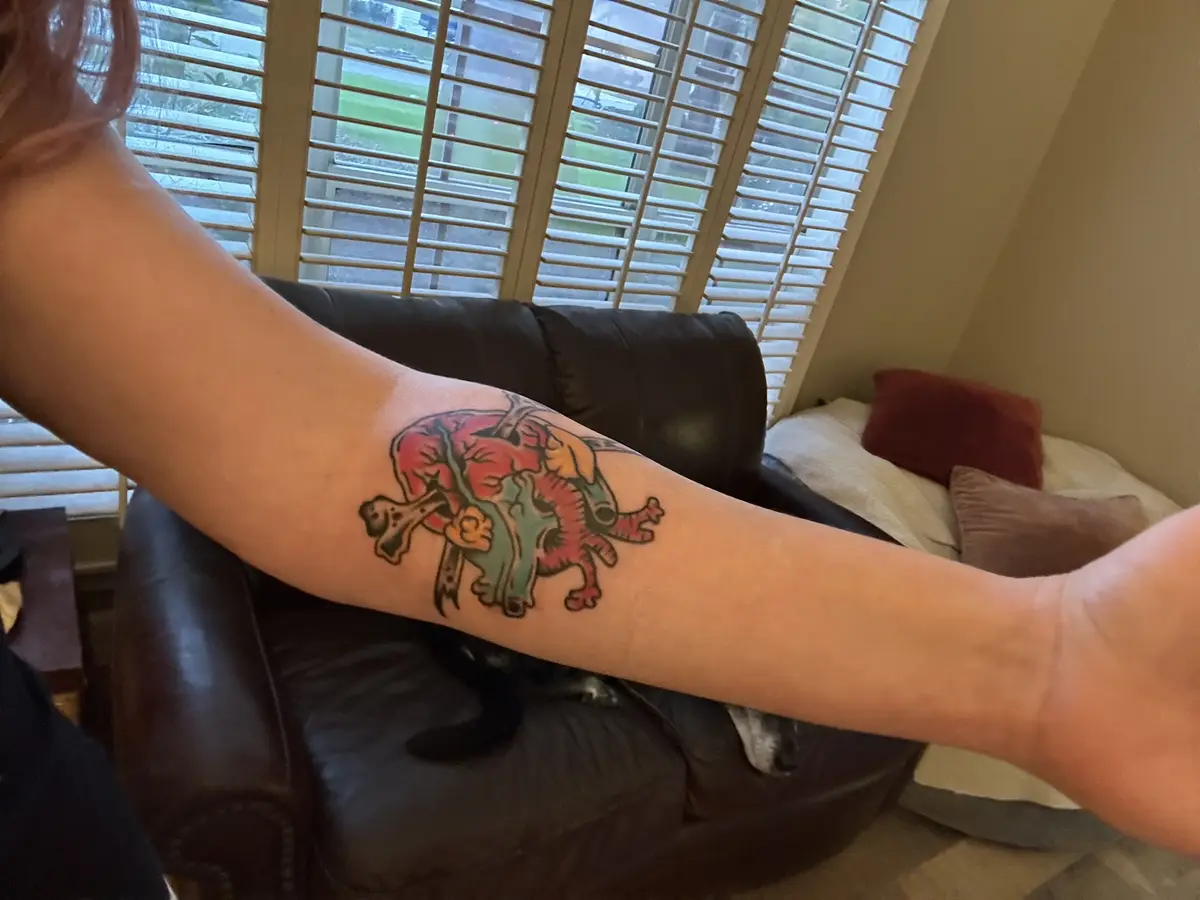 A person's forearm displays a colorful tattoo of a red and green dog with a bone, set against a background of a living room…