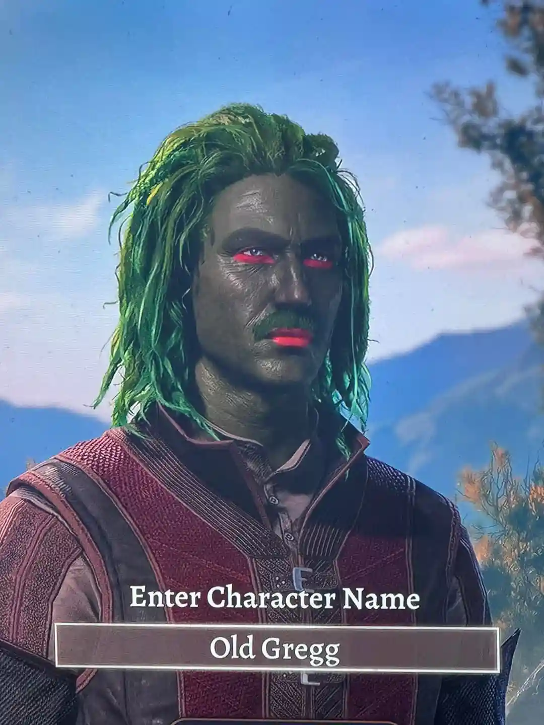 A character creation screen from a video game shows a menacing-looking humanoid with green dreadlocks, dark skin, and…