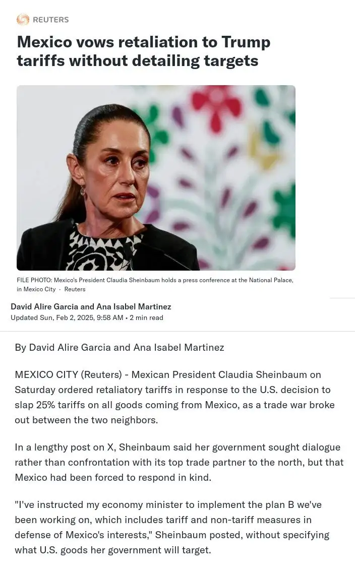 A screenshot of a Reuters news article shows a photo of Mexican President Claudia Sheinbaum speaking at a press conference…