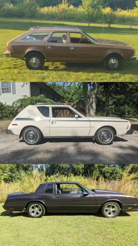 Three images show the AMC Pacer in different eras: a brown wood-grain station wagon, a cream-colored hatchback with racing…