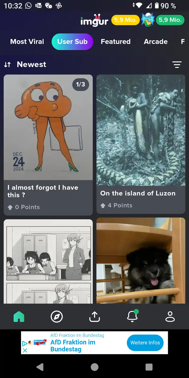 The image shows a screenshot of the Imgur app interface displaying four different image posts in a grid. The top-left post…