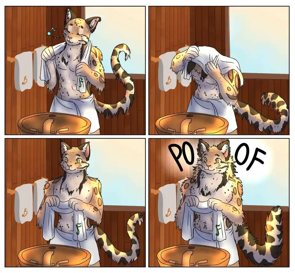 A four-panel comic shows an anthropomorphic spotted feline character in a wooden bathroom. In the first panel, the character…