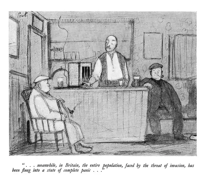 A vintage black-and-white sketch depicts three men in a pub: a bartender behind the counter, and two patrons—one seated in a…