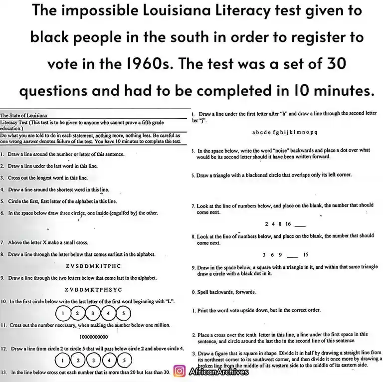 The image displays a scanned document titled 'The State of Louisiana Literacy Test,' which includes instructions and 13…