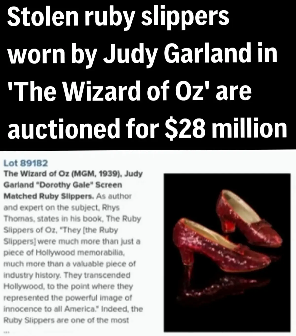 The image displays a pair of iconic red, glittery ruby slippers against a black background, with a text overlay announcing…