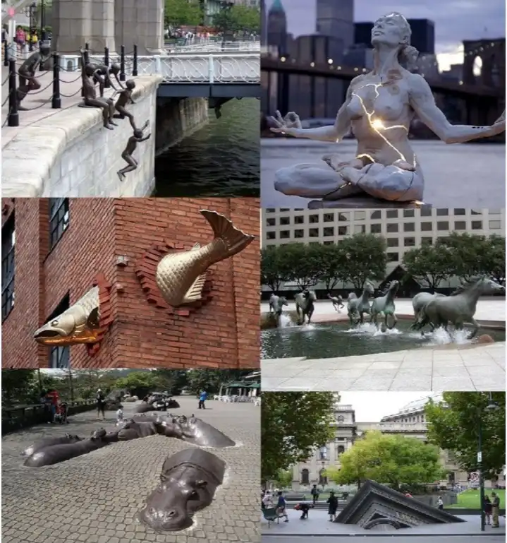 A collage of six public sculptures in New York City: children climbing a wall, a meditating woman with glowing cracks, a…