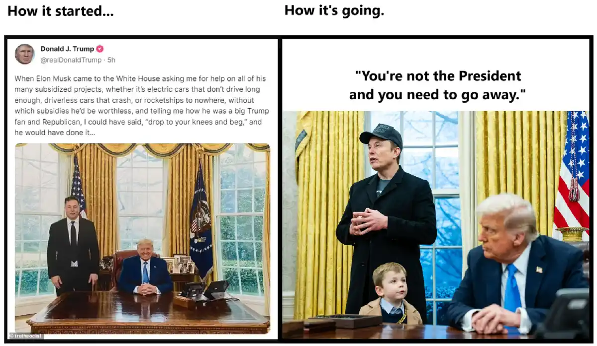 The meme contrasts two scenes in the Oval Office. Left: A tweet from Donald Trump's account shows him smiling as Elon Musk…