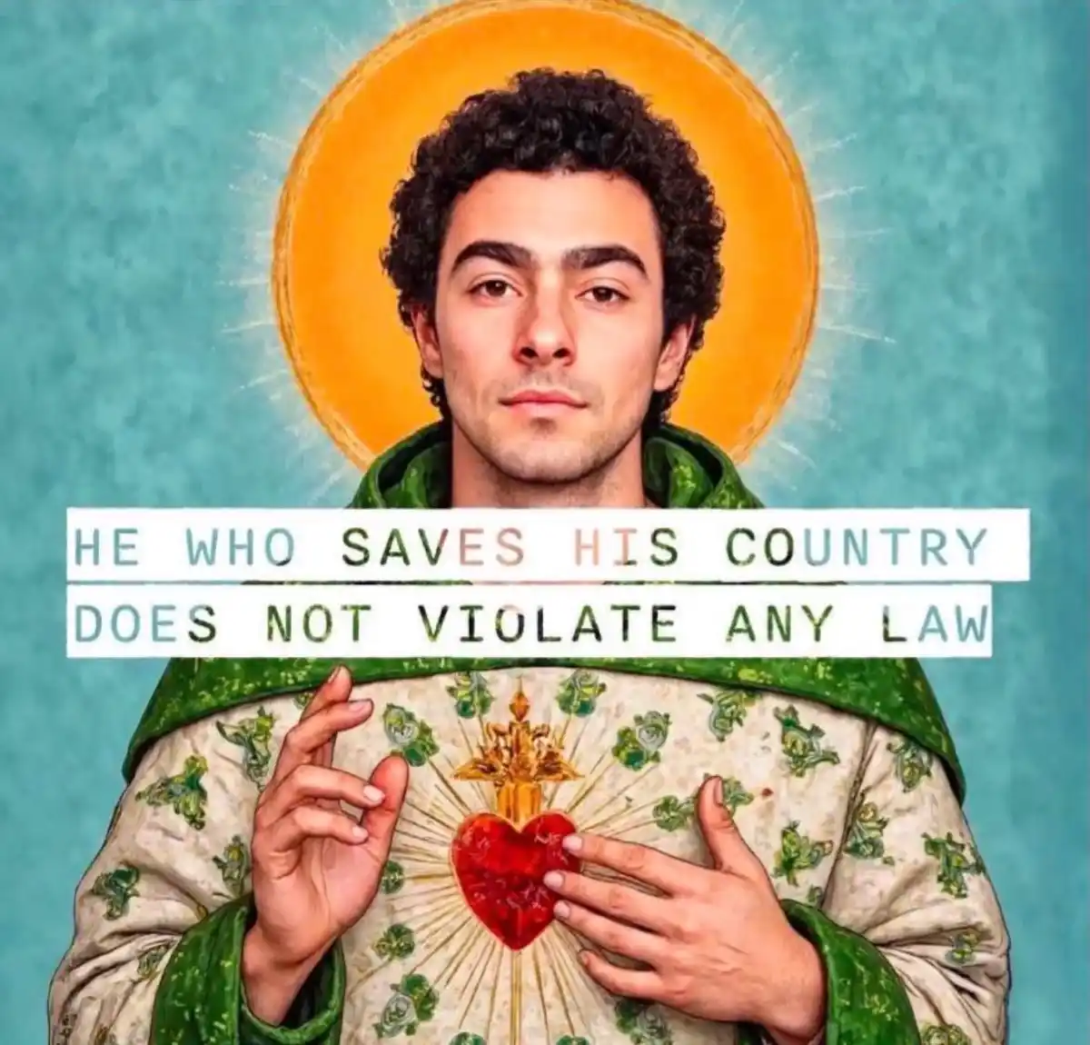 A man with curly dark hair and a serious expression is depicted in a saintly style with a golden halo against a teal…