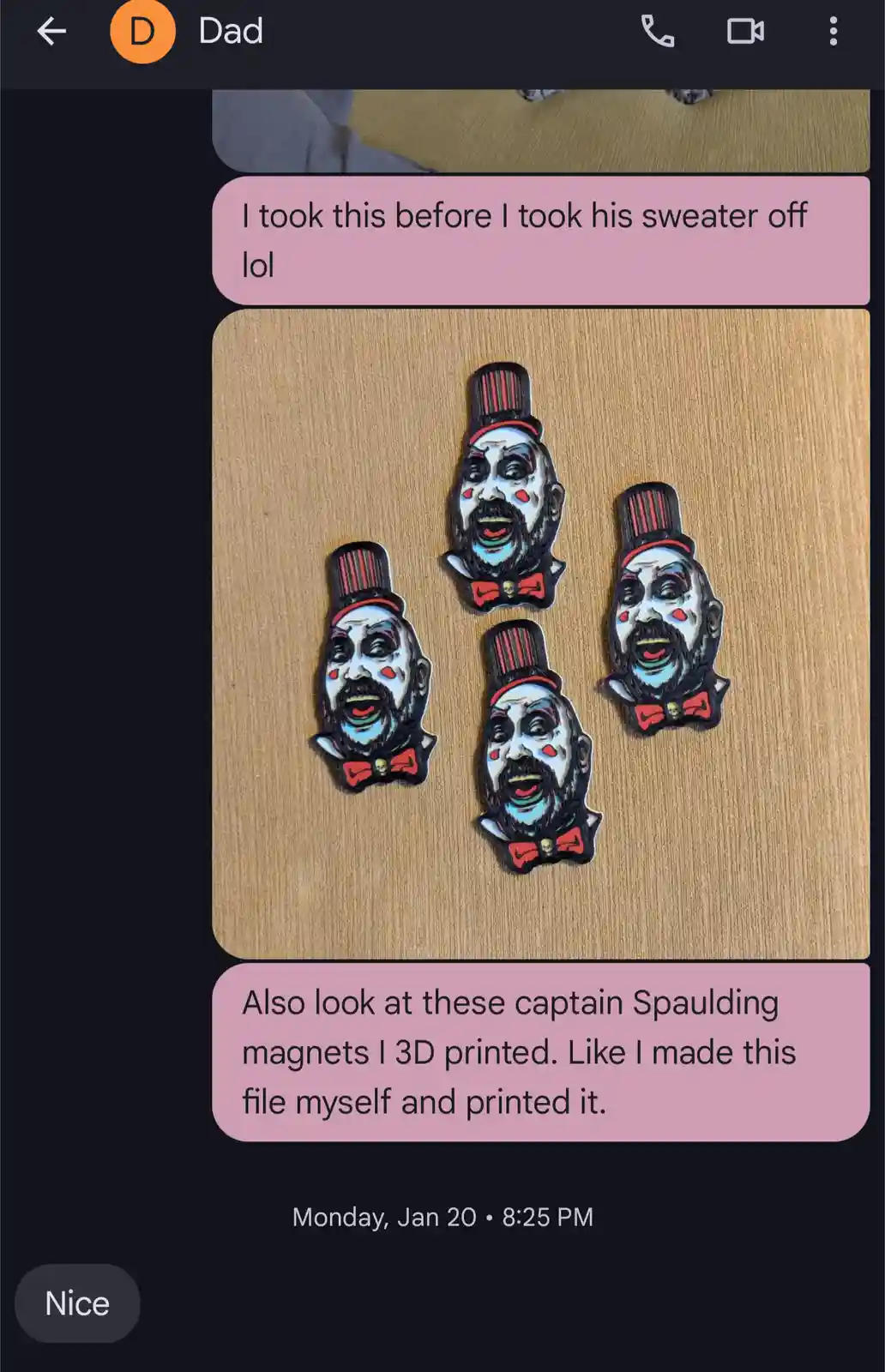 A screenshot of a text message from 'Dad' showing four 3D-printed Captain Spaulding magnets arranged on a wooden surface…