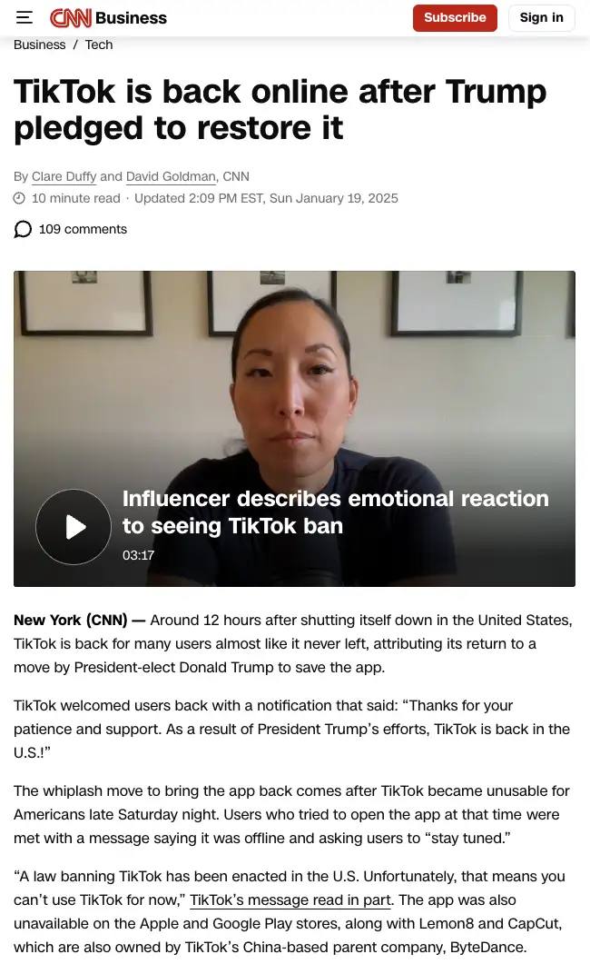 A screenshot of a CNN Business article about TikTok returning online after a ban, featuring a video thumbnail of a woman…