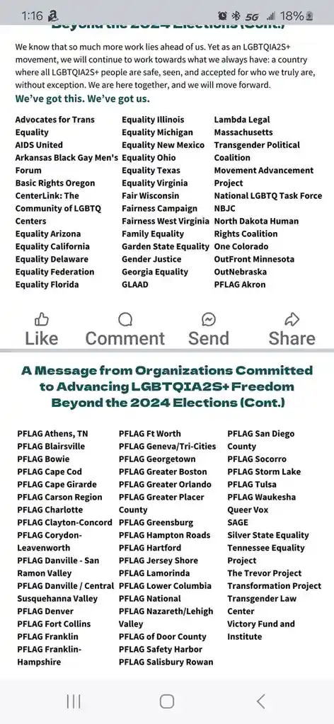 A screenshot of a Facebook post listing numerous LGBTQIA2S+ advocacy organizations, including PFLAG chapters and Equality…
