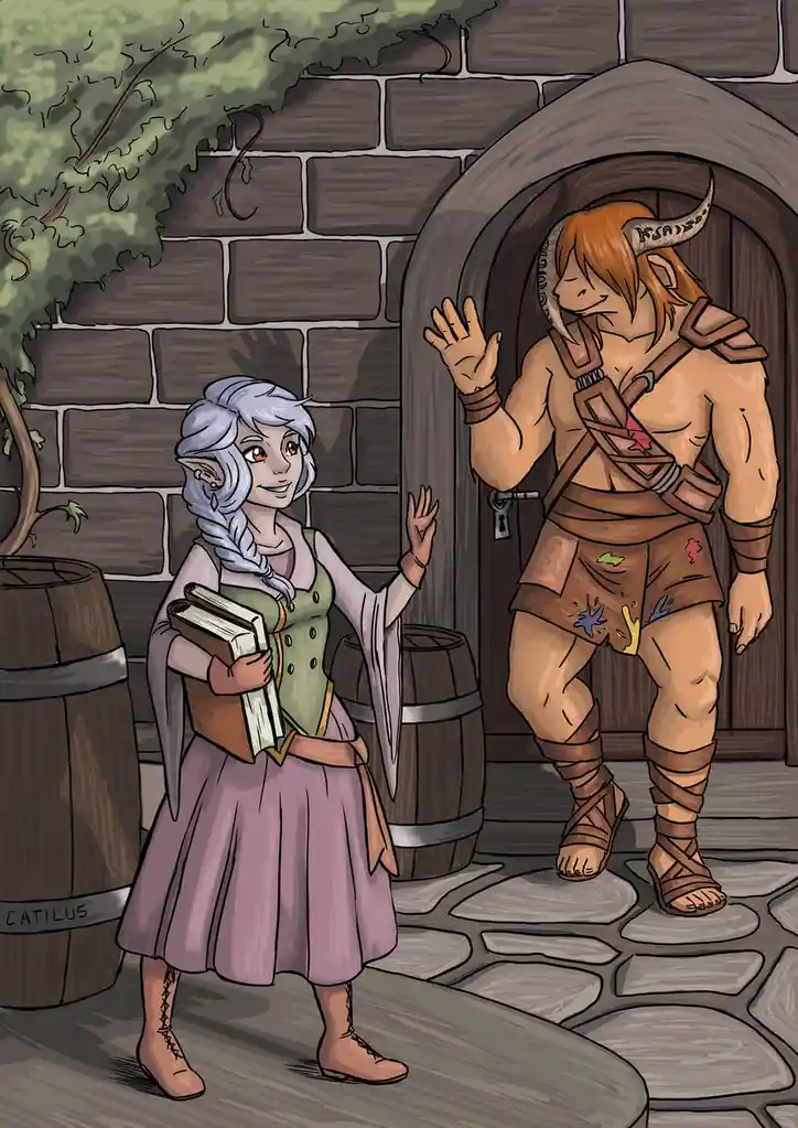 An illustration shows a smiling, silver-haired elf woman in a purple dress holding books, waving at a muscular, horned…