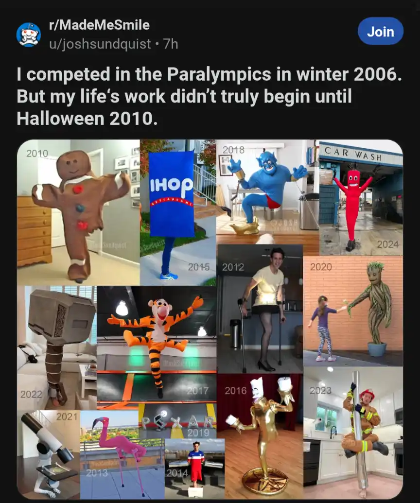 A collage of 10 photos showing a person in various costumes from 2010 to 2024, including a gingerbread man, IHOP banner…